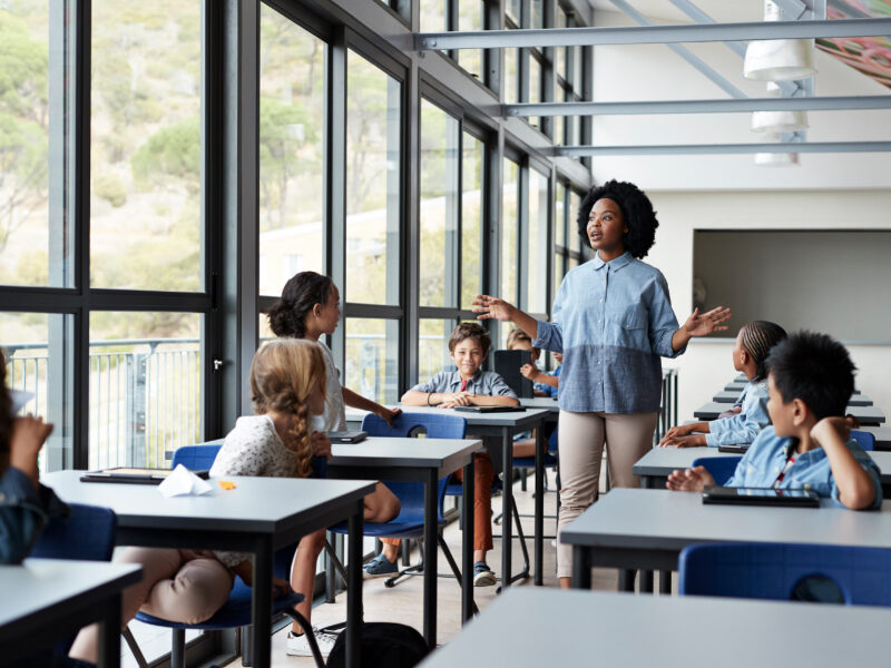 Teacher teaching classroom of children.